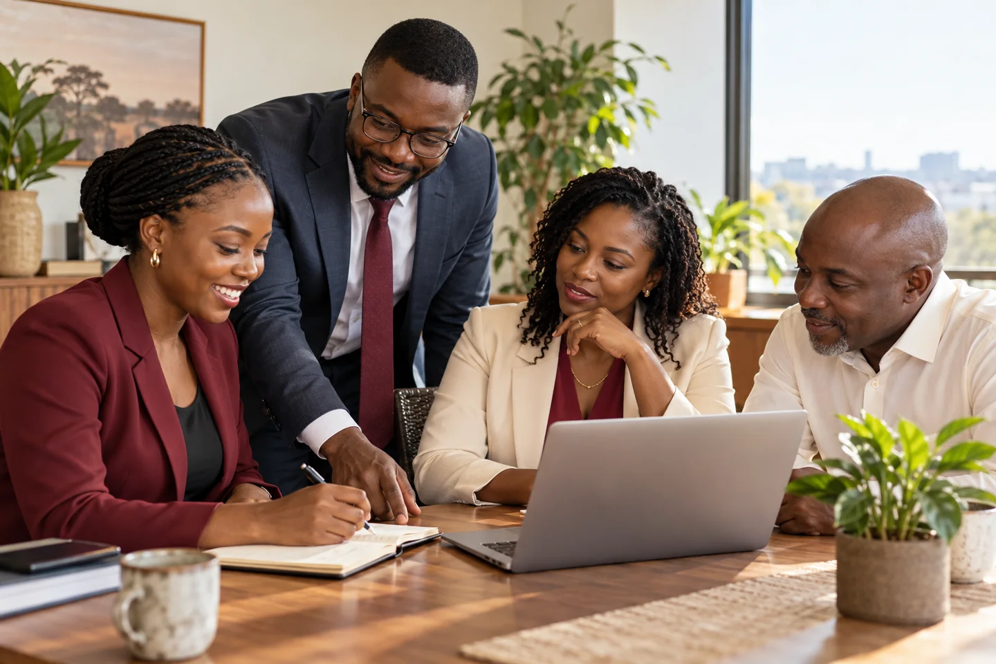 AI-generated illustration of Zambian professionals collaborating around a laptop